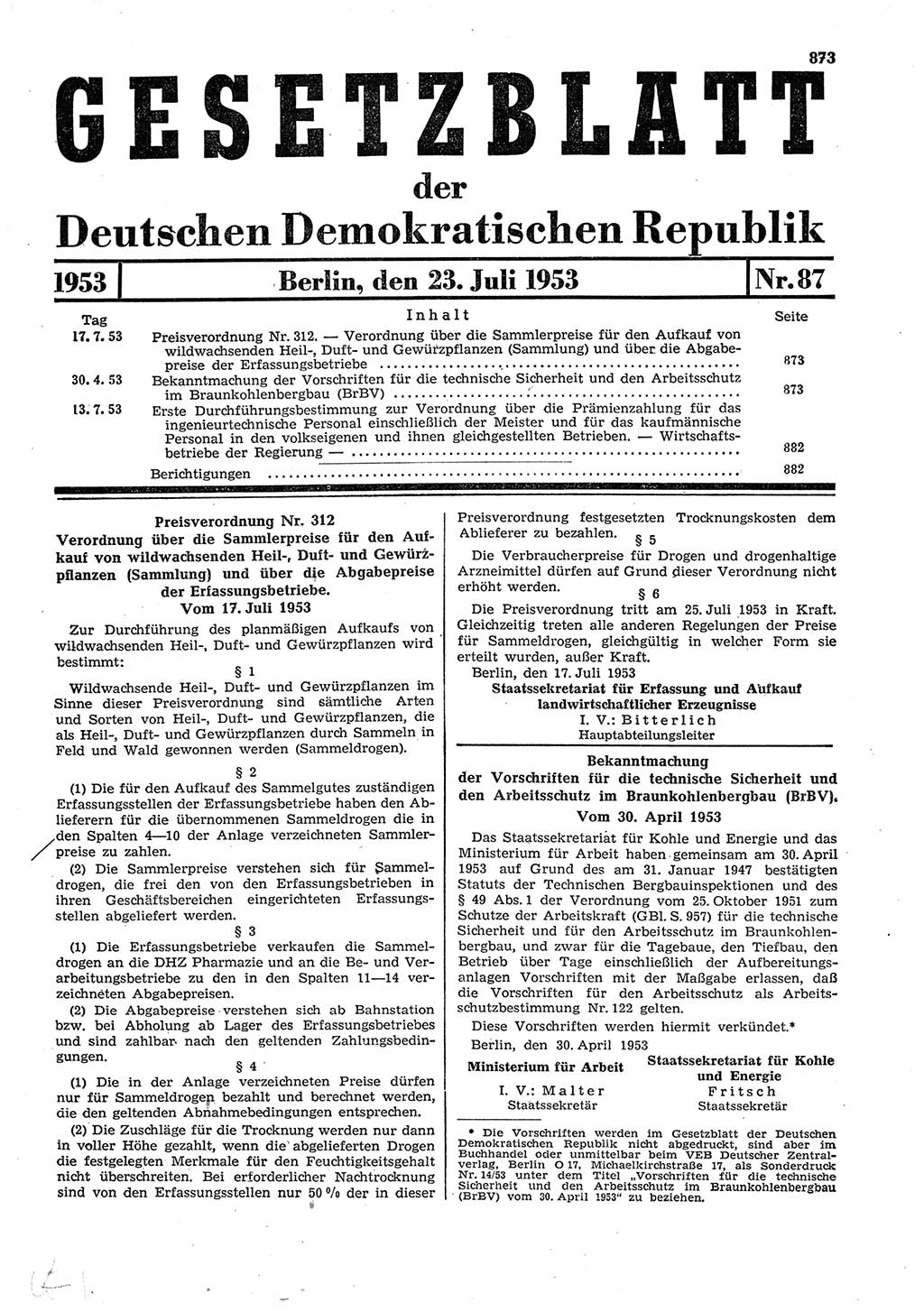 Gesetzblatt (GBl.) der Deutschen Demokratischen Republik (DDR) 1953, Seite 873 (GBl. DDR 1953, S. 873)
