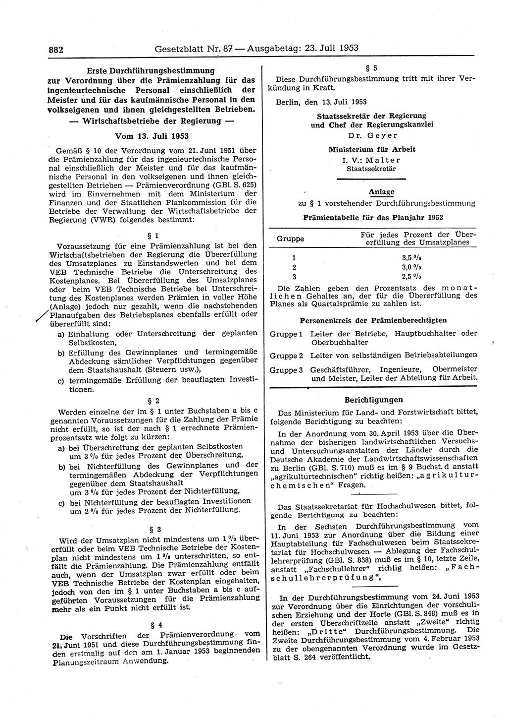 Gesetzblatt (GBl.) der Deutschen Demokratischen Republik (DDR) 1953, Seite 882 (GBl. DDR 1953, S. 882)