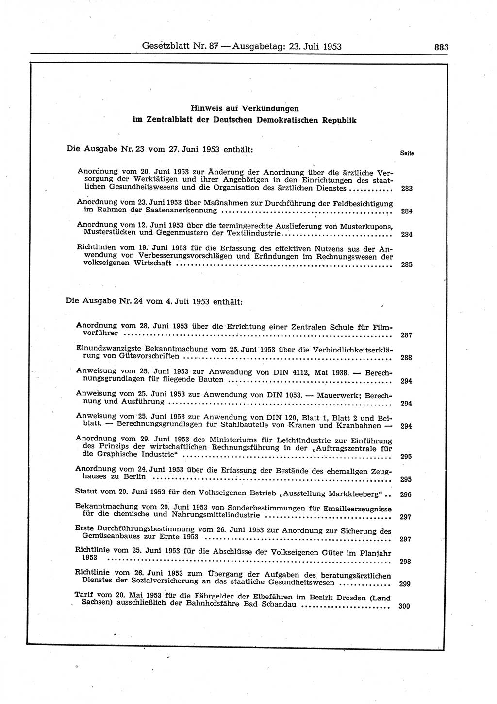 Gesetzblatt (GBl.) der Deutschen Demokratischen Republik (DDR) 1953, Seite 883 (GBl. DDR 1953, S. 883)