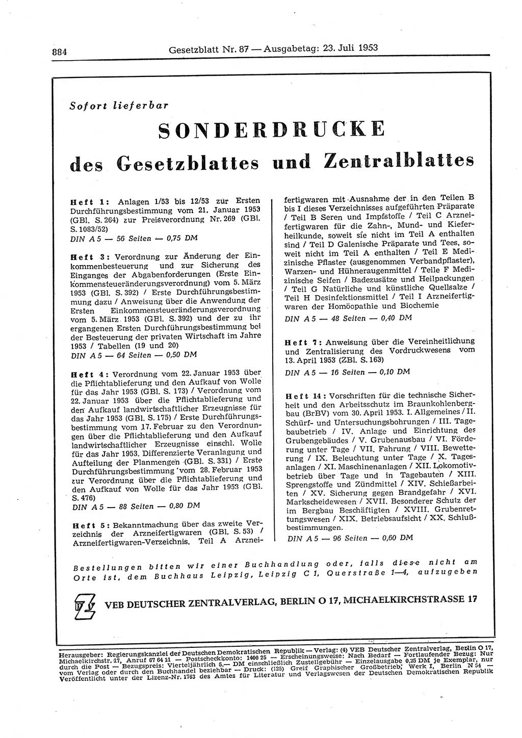 Gesetzblatt (GBl.) der Deutschen Demokratischen Republik (DDR) 1953, Seite 884 (GBl. DDR 1953, S. 884)