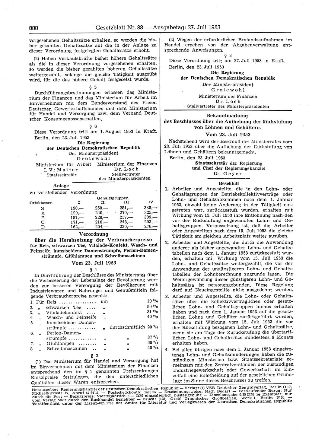 Gesetzblatt (GBl.) der Deutschen Demokratischen Republik (DDR) 1953, Seite 888 (GBl. DDR 1953, S. 888)
