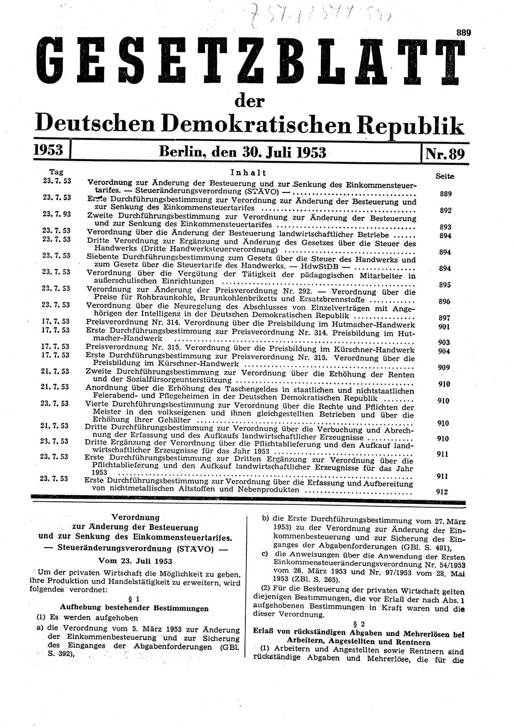 Gesetzblatt (GBl.) der Deutschen Demokratischen Republik (DDR) 1953, Seite 889 (GBl. DDR 1953, S. 889)