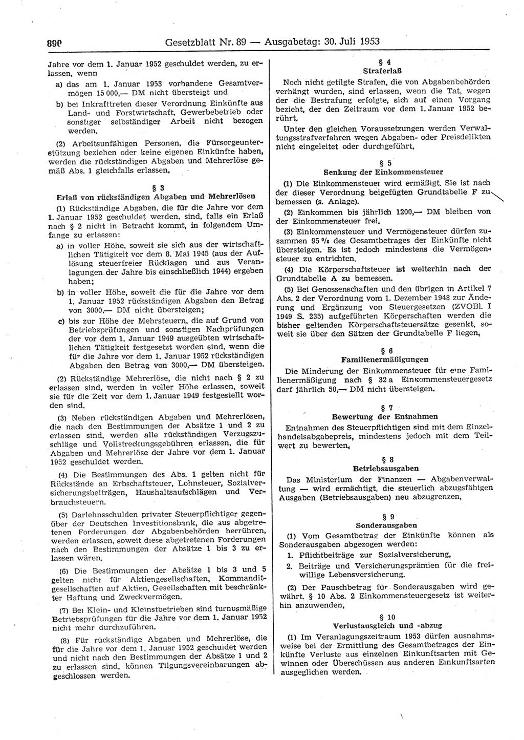 Gesetzblatt (GBl.) der Deutschen Demokratischen Republik (DDR) 1953, Seite 890 (GBl. DDR 1953, S. 890)