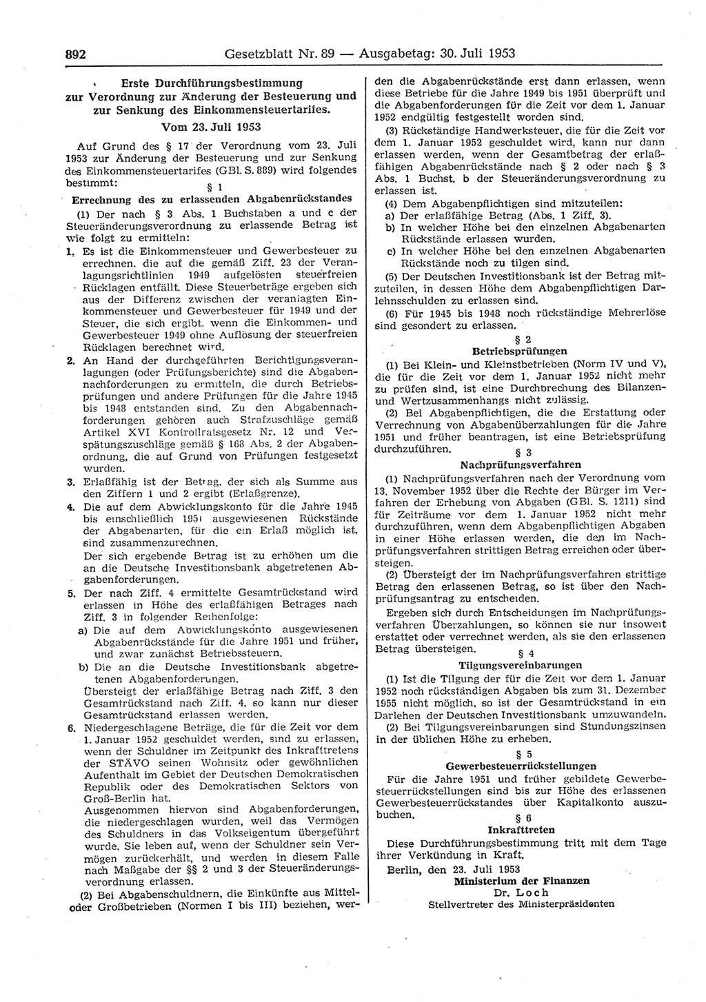 Gesetzblatt (GBl.) der Deutschen Demokratischen Republik (DDR) 1953, Seite 892 (GBl. DDR 1953, S. 892)