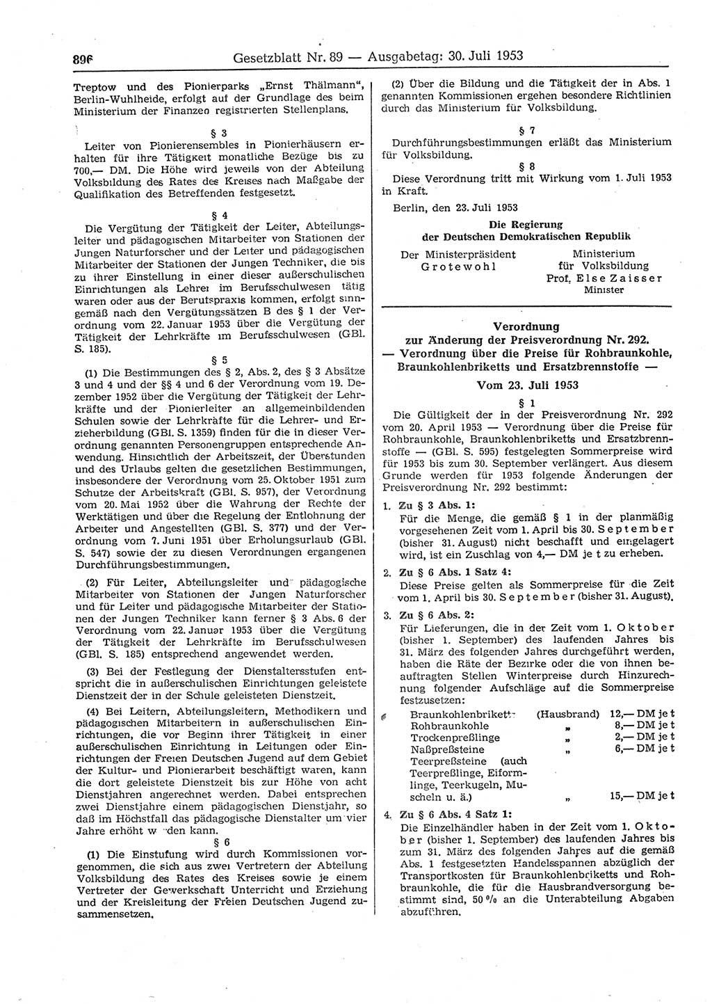 Gesetzblatt (GBl.) der Deutschen Demokratischen Republik (DDR) 1953, Seite 896 (GBl. DDR 1953, S. 896)