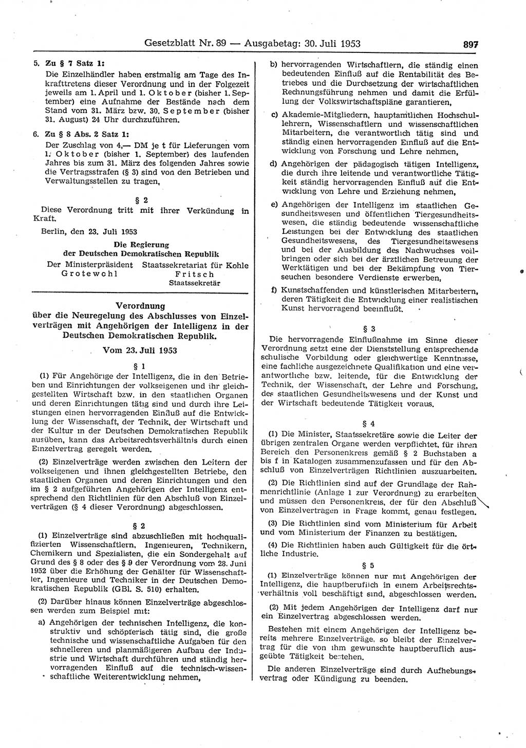 Gesetzblatt (GBl.) der Deutschen Demokratischen Republik (DDR) 1953, Seite 897 (GBl. DDR 1953, S. 897)