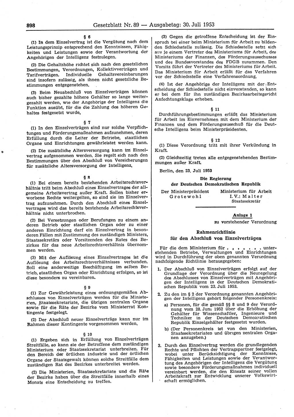 Gesetzblatt (GBl.) der Deutschen Demokratischen Republik (DDR) 1953, Seite 898 (GBl. DDR 1953, S. 898)