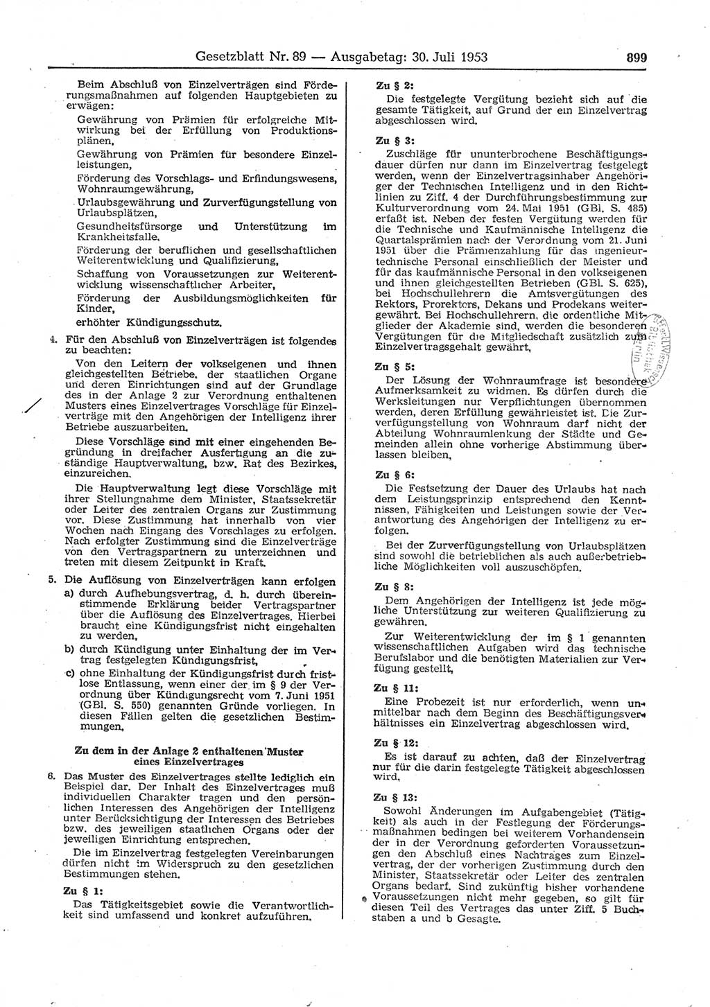 Gesetzblatt (GBl.) der Deutschen Demokratischen Republik (DDR) 1953, Seite 899 (GBl. DDR 1953, S. 899)