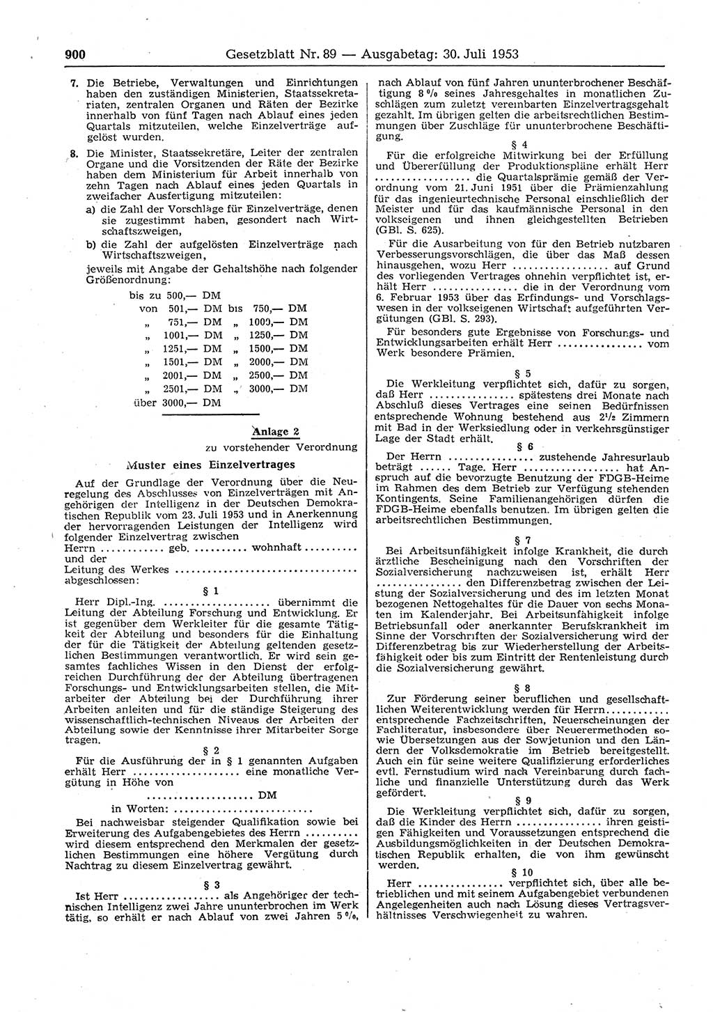 Gesetzblatt (GBl.) der Deutschen Demokratischen Republik (DDR) 1953, Seite 900 (GBl. DDR 1953, S. 900)