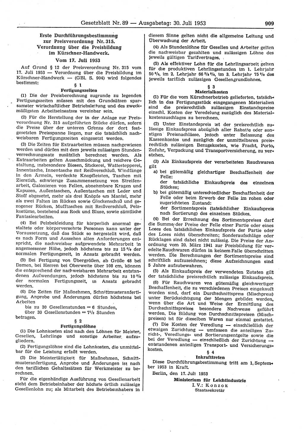 Gesetzblatt (GBl.) der Deutschen Demokratischen Republik (DDR) 1953, Seite 909 (GBl. DDR 1953, S. 909)