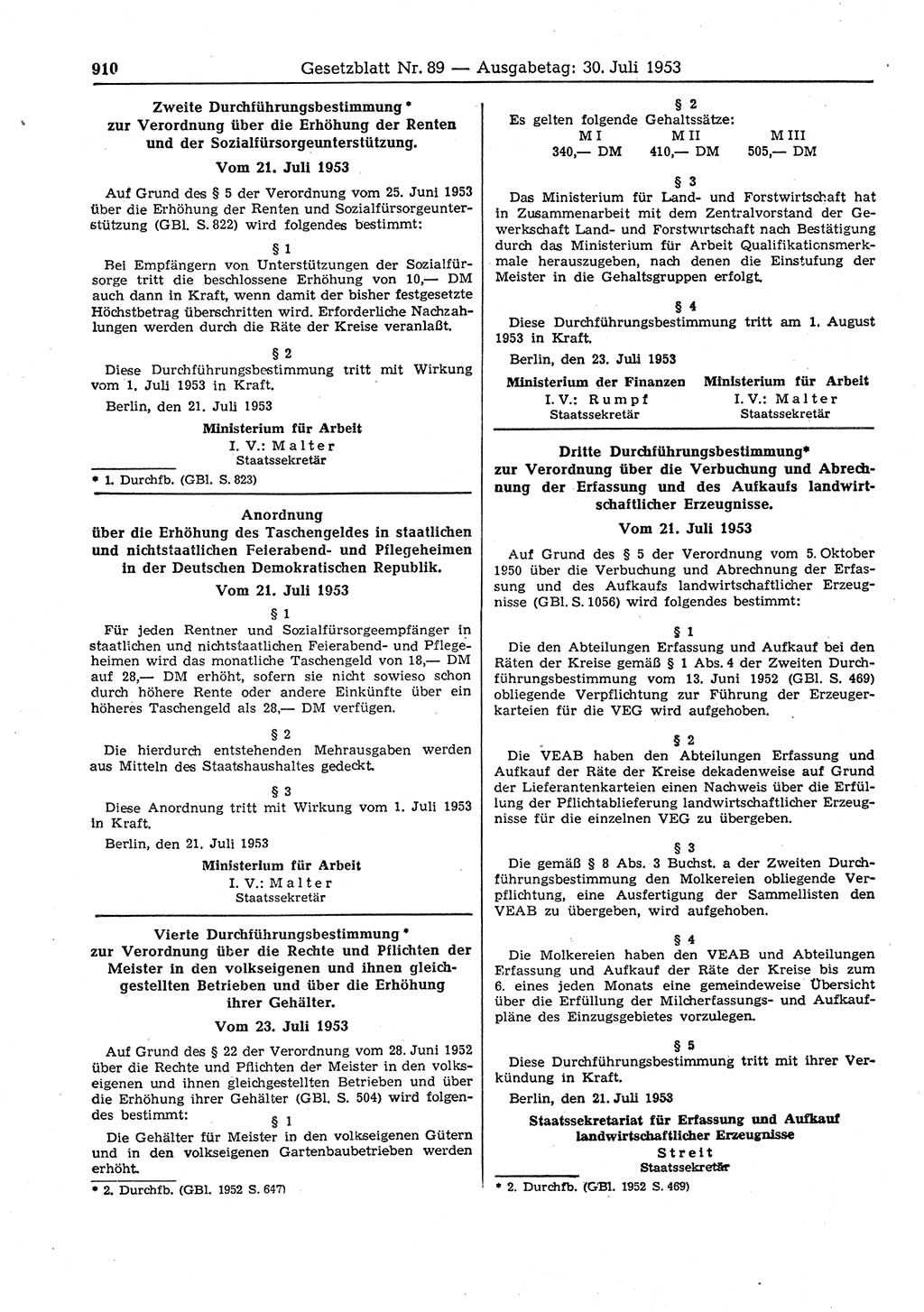 Gesetzblatt (GBl.) der Deutschen Demokratischen Republik (DDR) 1953, Seite 910 (GBl. DDR 1953, S. 910)
