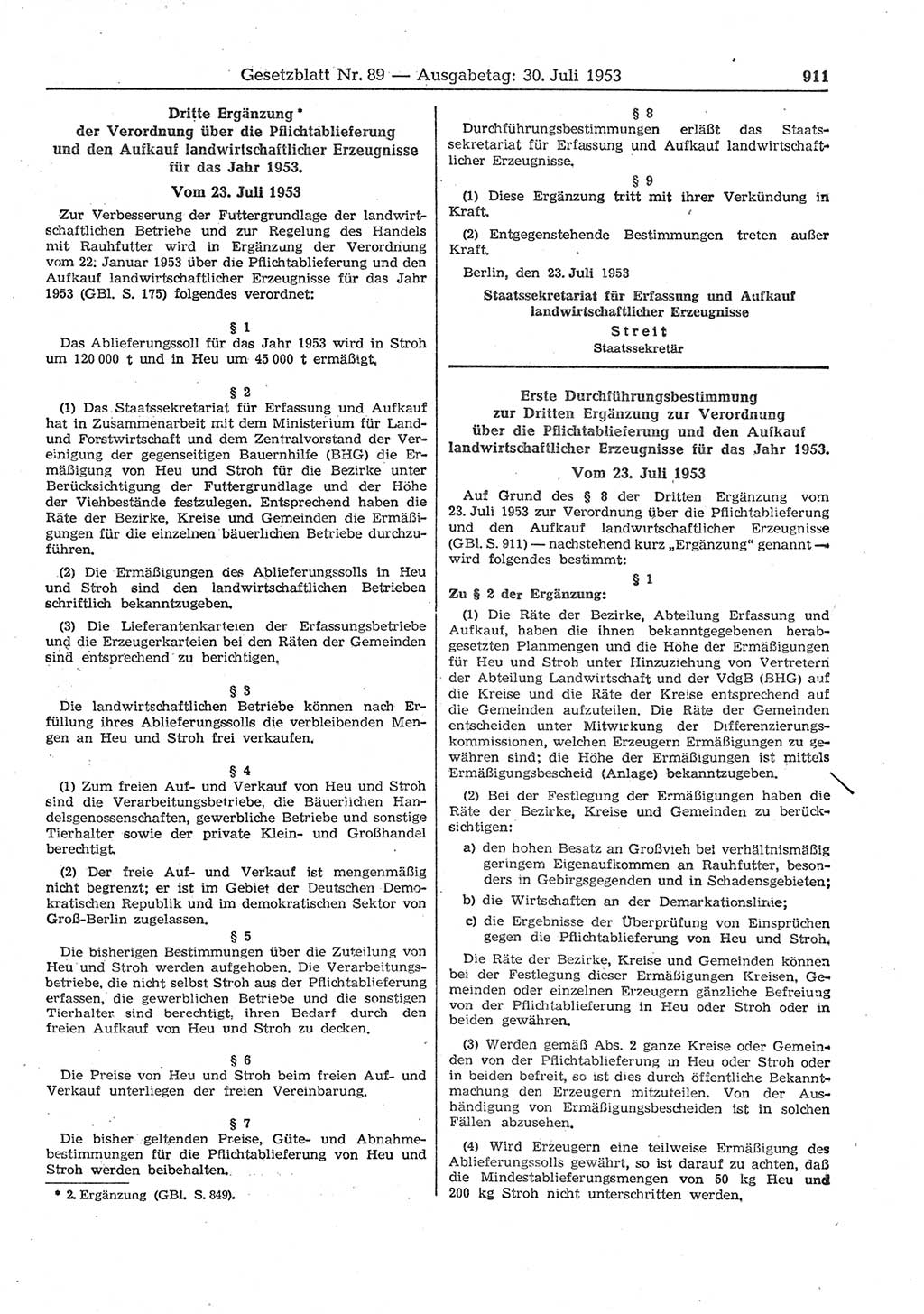 Gesetzblatt (GBl.) der Deutschen Demokratischen Republik (DDR) 1953, Seite 911 (GBl. DDR 1953, S. 911)