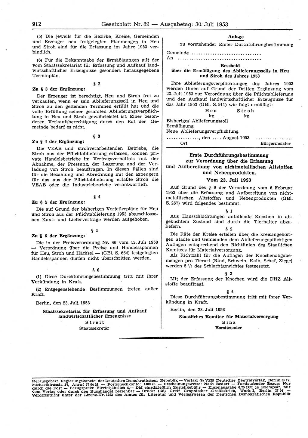 Gesetzblatt (GBl.) der Deutschen Demokratischen Republik (DDR) 1953, Seite 912 (GBl. DDR 1953, S. 912)