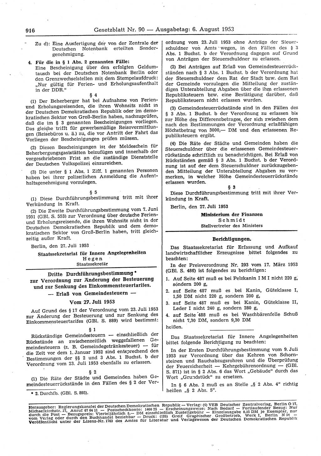 Gesetzblatt (GBl.) der Deutschen Demokratischen Republik (DDR) 1953, Seite 916 (GBl. DDR 1953, S. 916)