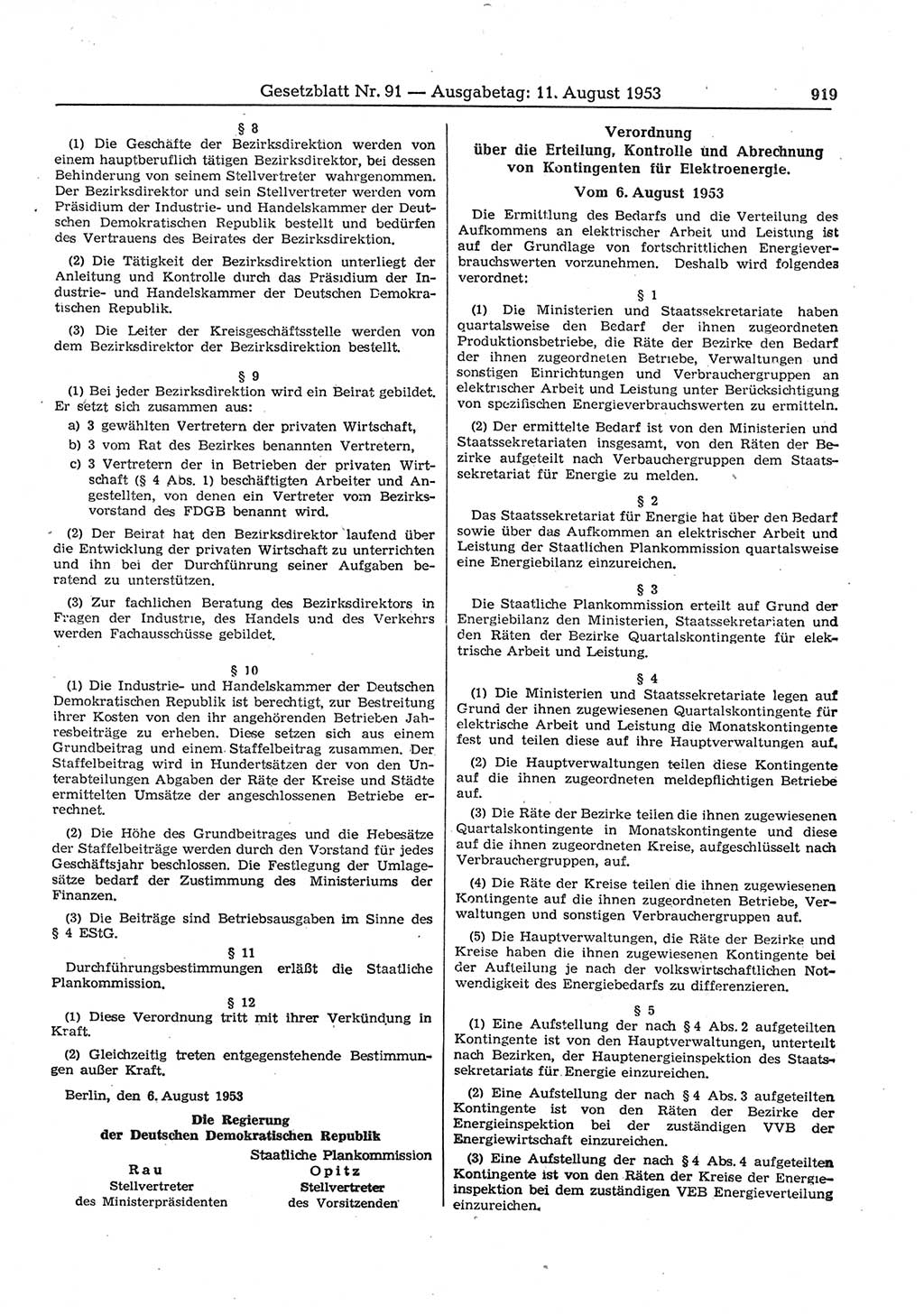 Gesetzblatt (GBl.) der Deutschen Demokratischen Republik (DDR) 1953, Seite 919 (GBl. DDR 1953, S. 919)
