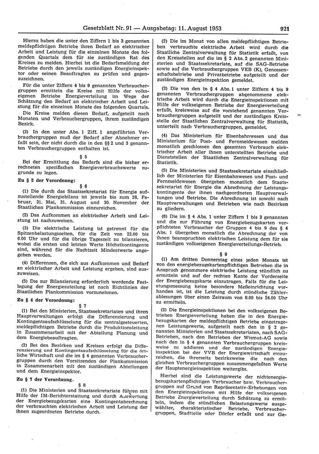 Gesetzblatt (GBl.) der Deutschen Demokratischen Republik (DDR) 1953, Seite 921 (GBl. DDR 1953, S. 921)