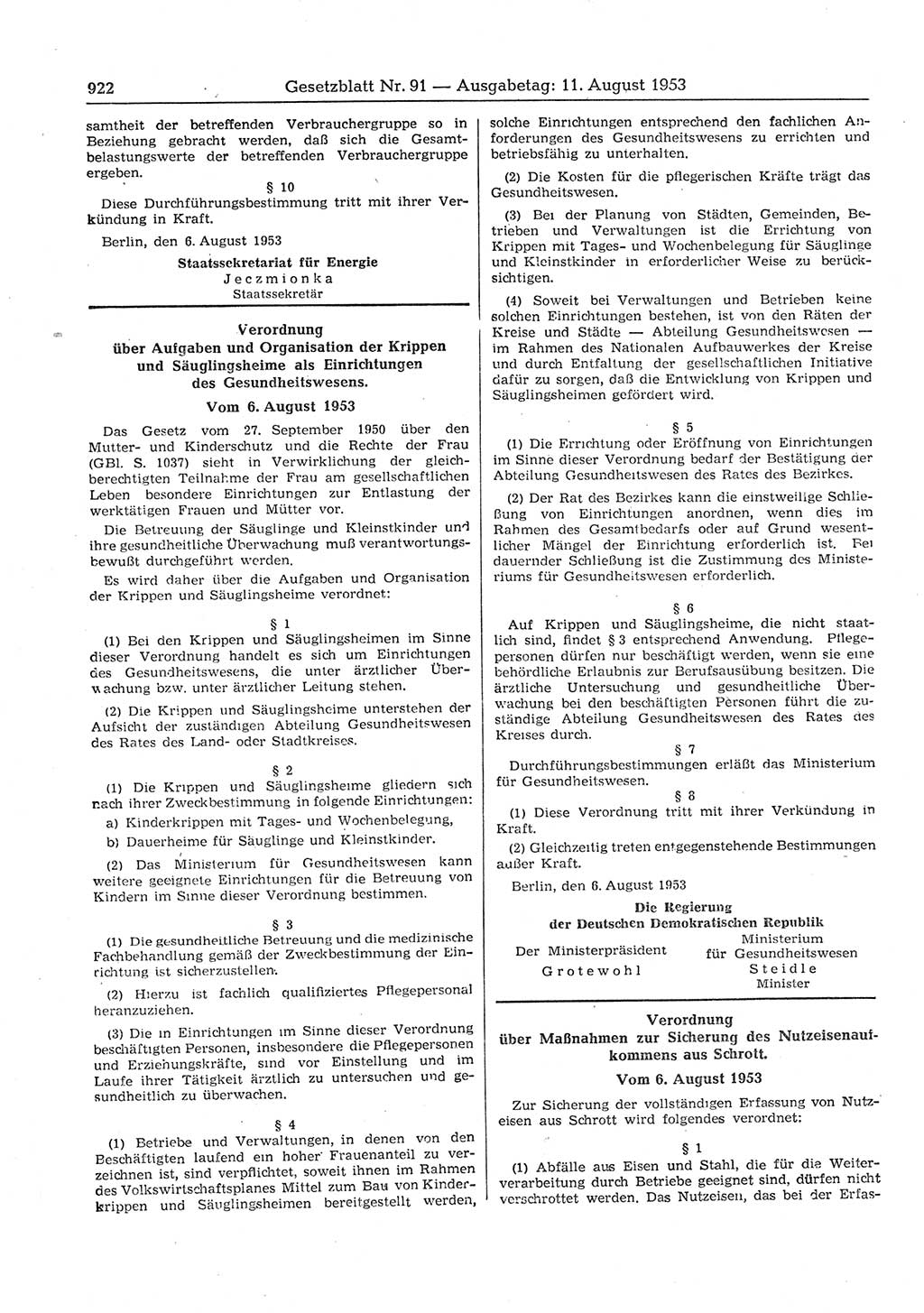 Gesetzblatt (GBl.) der Deutschen Demokratischen Republik (DDR) 1953, Seite 922 (GBl. DDR 1953, S. 922)