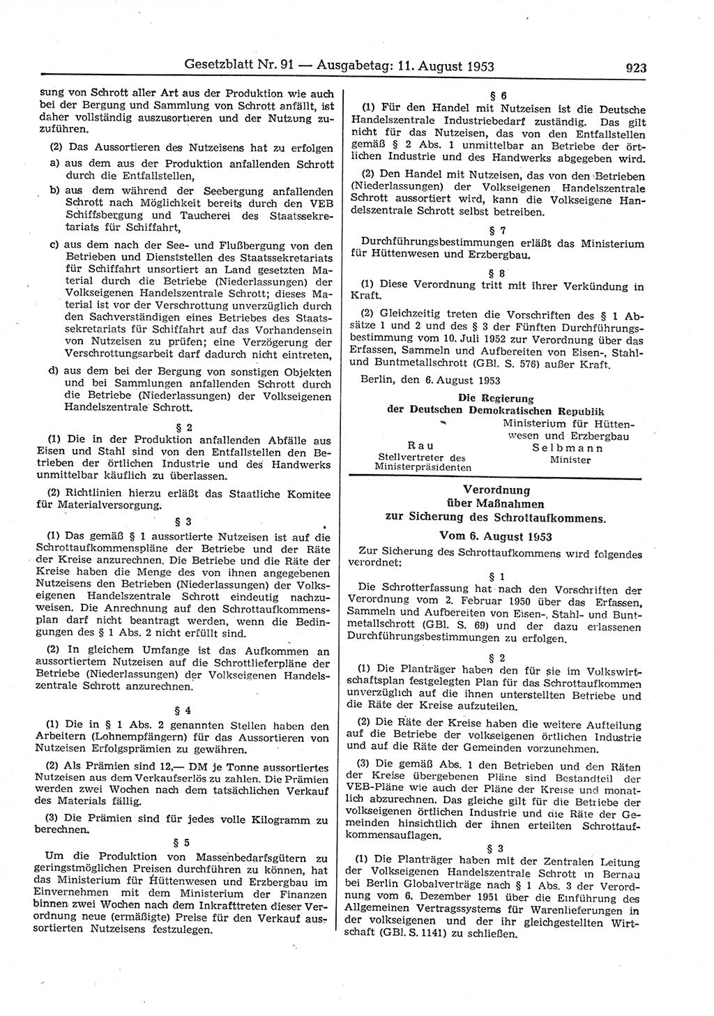 Gesetzblatt (GBl.) der Deutschen Demokratischen Republik (DDR) 1953, Seite 923 (GBl. DDR 1953, S. 923)