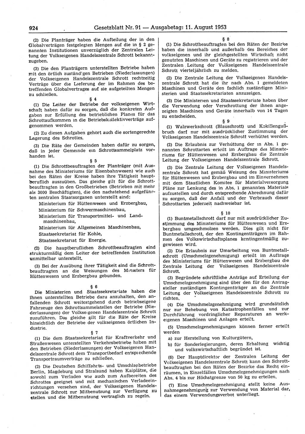 Gesetzblatt (GBl.) der Deutschen Demokratischen Republik (DDR) 1953, Seite 924 (GBl. DDR 1953, S. 924)