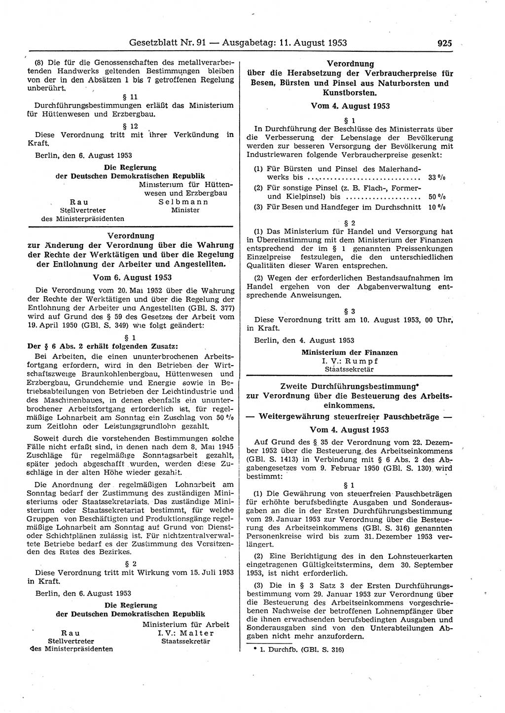 Gesetzblatt (GBl.) der Deutschen Demokratischen Republik (DDR) 1953, Seite 925 (GBl. DDR 1953, S. 925)