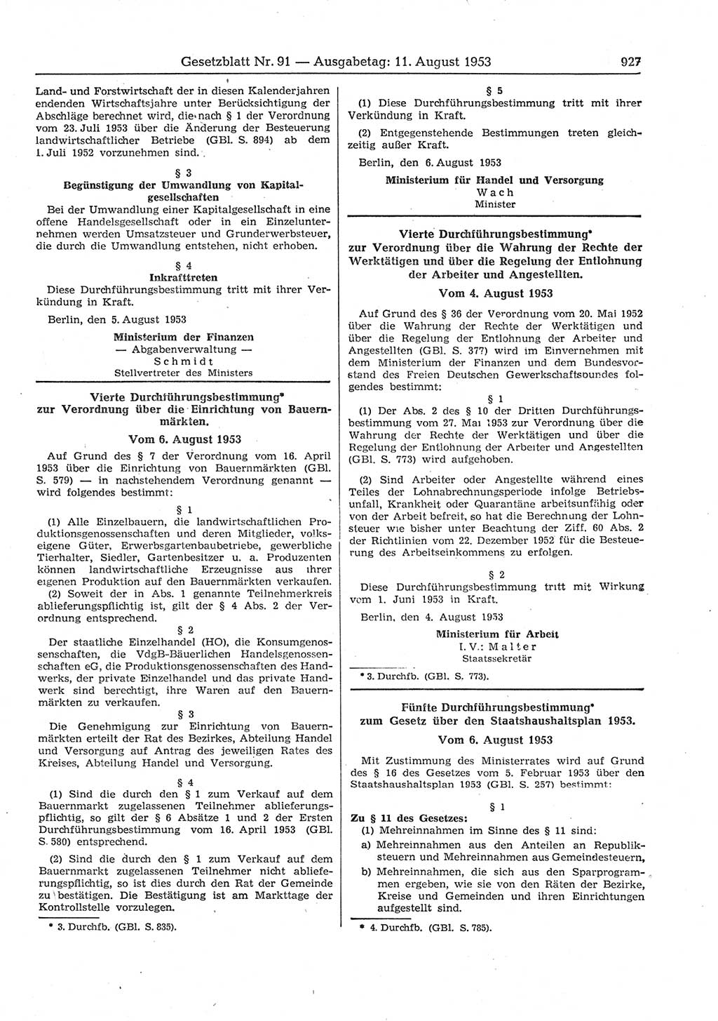 Gesetzblatt (GBl.) der Deutschen Demokratischen Republik (DDR) 1953, Seite 927 (GBl. DDR 1953, S. 927)