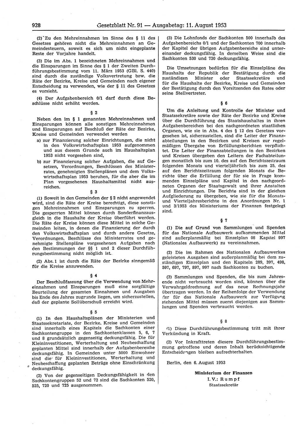 Gesetzblatt (GBl.) der Deutschen Demokratischen Republik (DDR) 1953, Seite 928 (GBl. DDR 1953, S. 928)