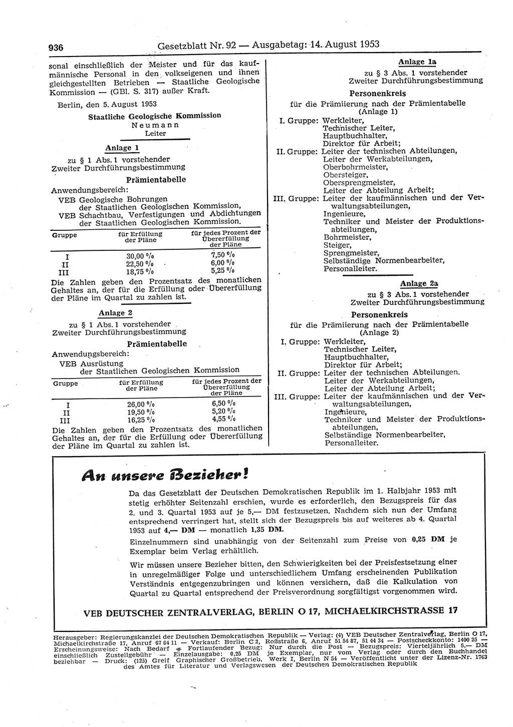 Gesetzblatt (GBl.) der Deutschen Demokratischen Republik (DDR) 1953, Seite 936 (GBl. DDR 1953, S. 936)