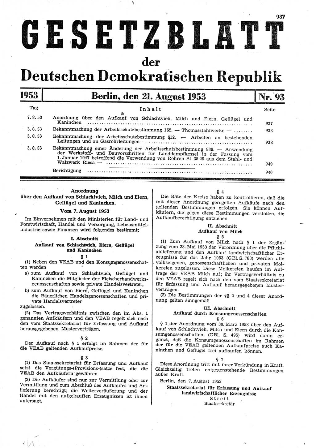 Gesetzblatt (GBl.) der Deutschen Demokratischen Republik (DDR) 1953, Seite 937 (GBl. DDR 1953, S. 937)