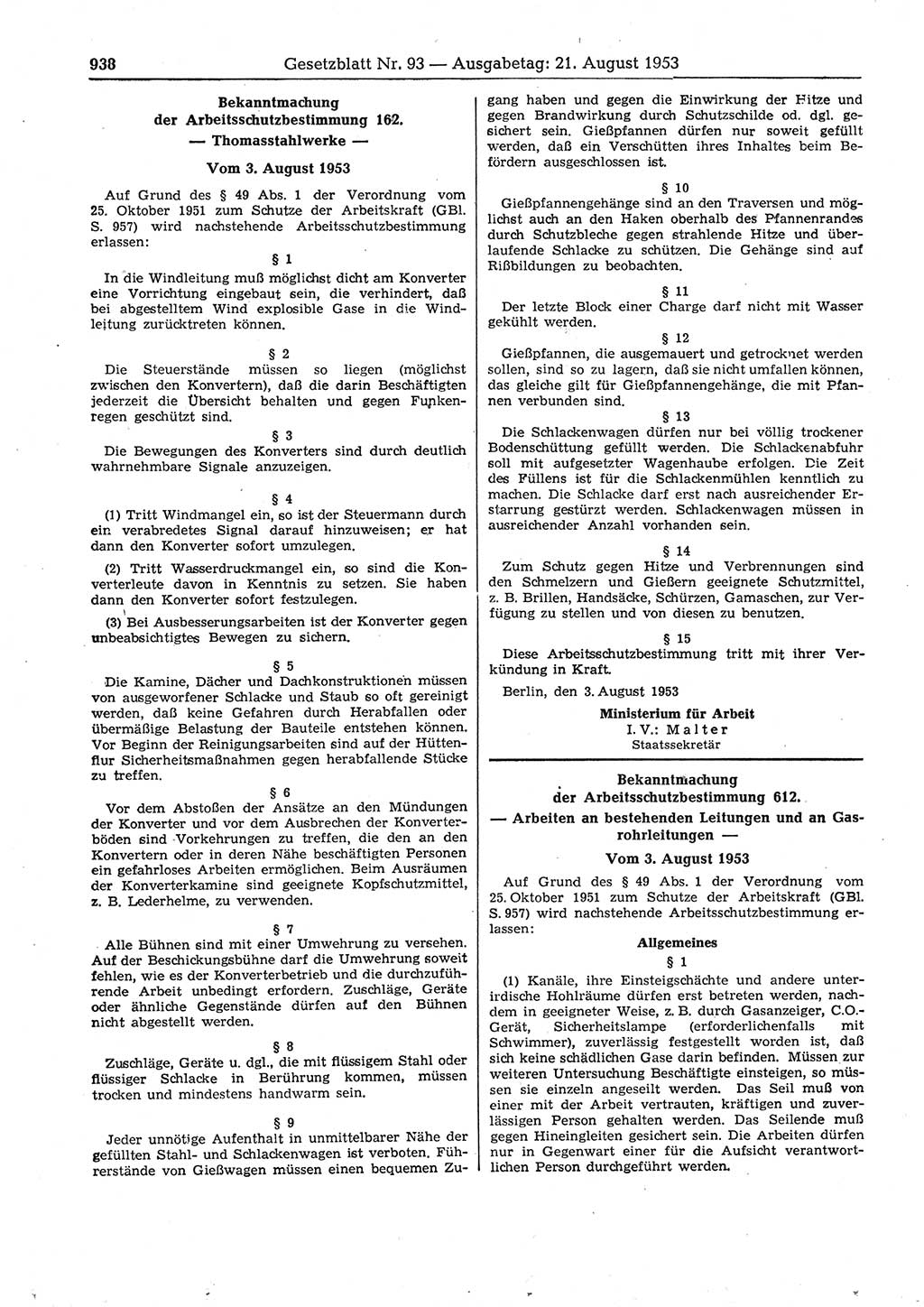 Gesetzblatt (GBl.) der Deutschen Demokratischen Republik (DDR) 1953, Seite 938 (GBl. DDR 1953, S. 938)