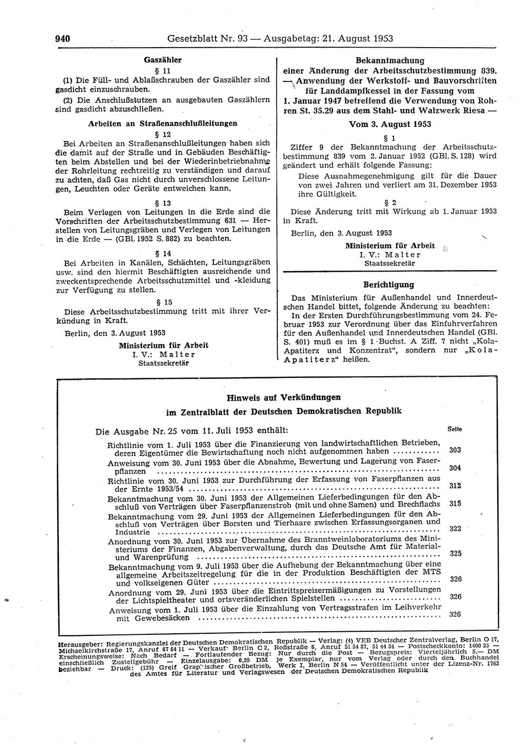 Gesetzblatt (GBl.) der Deutschen Demokratischen Republik (DDR) 1953, Seite 940 (GBl. DDR 1953, S. 940)