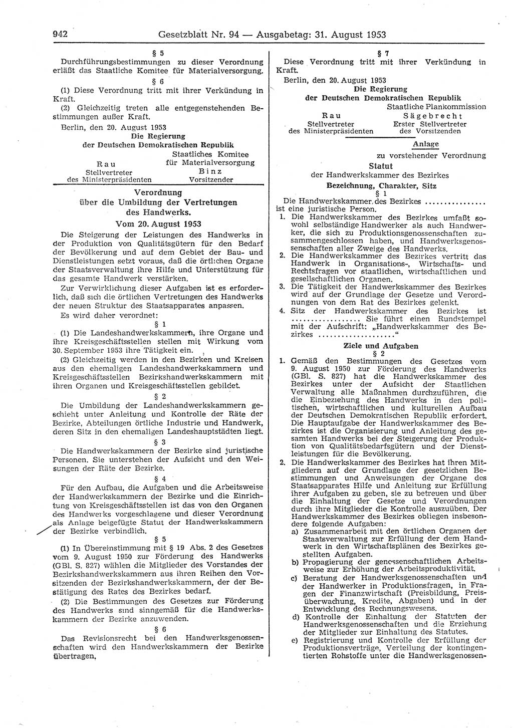 Gesetzblatt (GBl.) der Deutschen Demokratischen Republik (DDR) 1953, Seite 942 (GBl. DDR 1953, S. 942)
