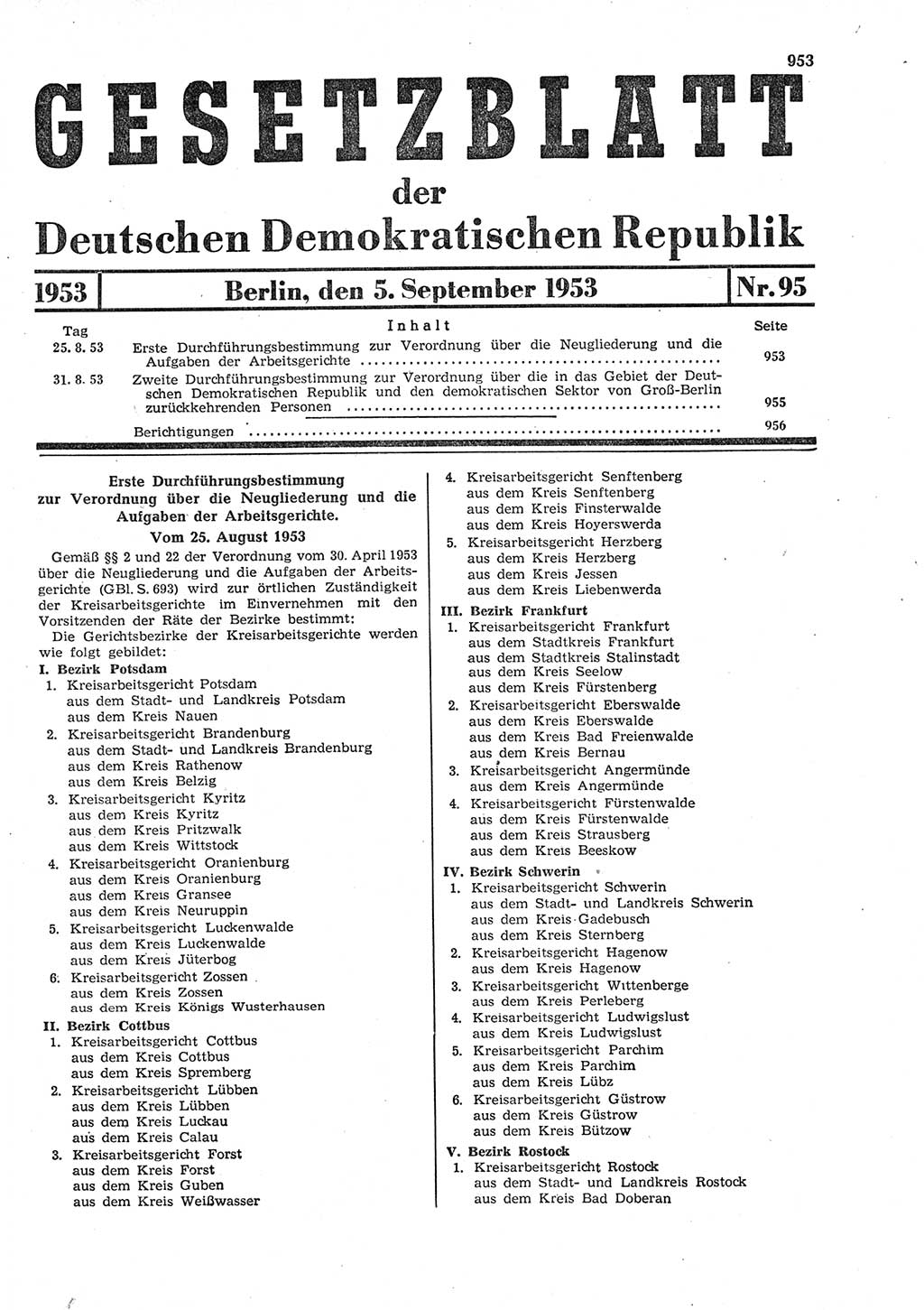 Gesetzblatt (GBl.) der Deutschen Demokratischen Republik (DDR) 1953, Seite 953 (GBl. DDR 1953, S. 953)