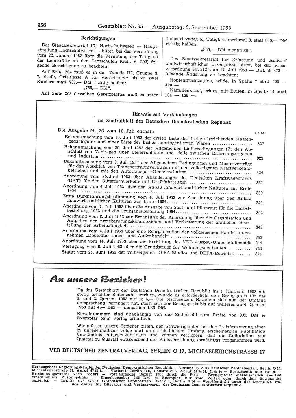 Gesetzblatt (GBl.) der Deutschen Demokratischen Republik (DDR) 1953, Seite 956 (GBl. DDR 1953, S. 956)