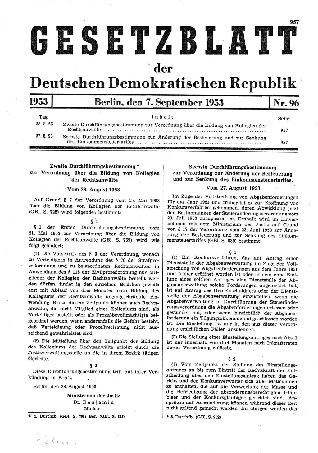 Gesetzblatt (GBl.) der Deutschen Demokratischen Republik (DDR) 1953, Seite 957 (GBl. DDR 1953, S. 957)