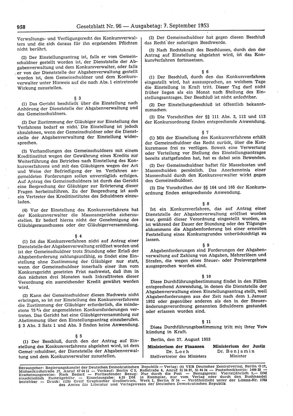 Gesetzblatt (GBl.) der Deutschen Demokratischen Republik (DDR) 1953, Seite 958 (GBl. DDR 1953, S. 958)