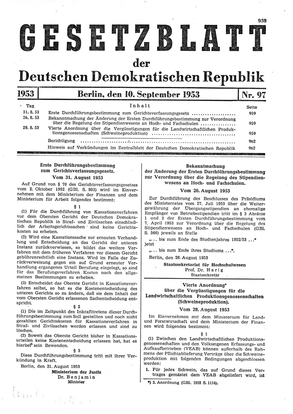 Gesetzblatt (GBl.) der Deutschen Demokratischen Republik (DDR) 1953, Seite 959 (GBl. DDR 1953, S. 959)