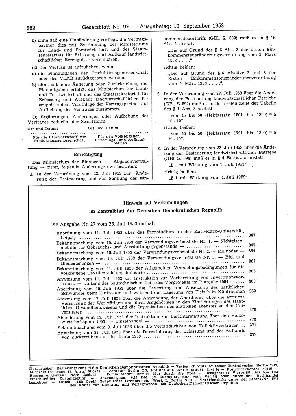 Gesetzblatt (GBl.) der Deutschen Demokratischen Republik (DDR) 1953, Seite 962 (GBl. DDR 1953, S. 962)