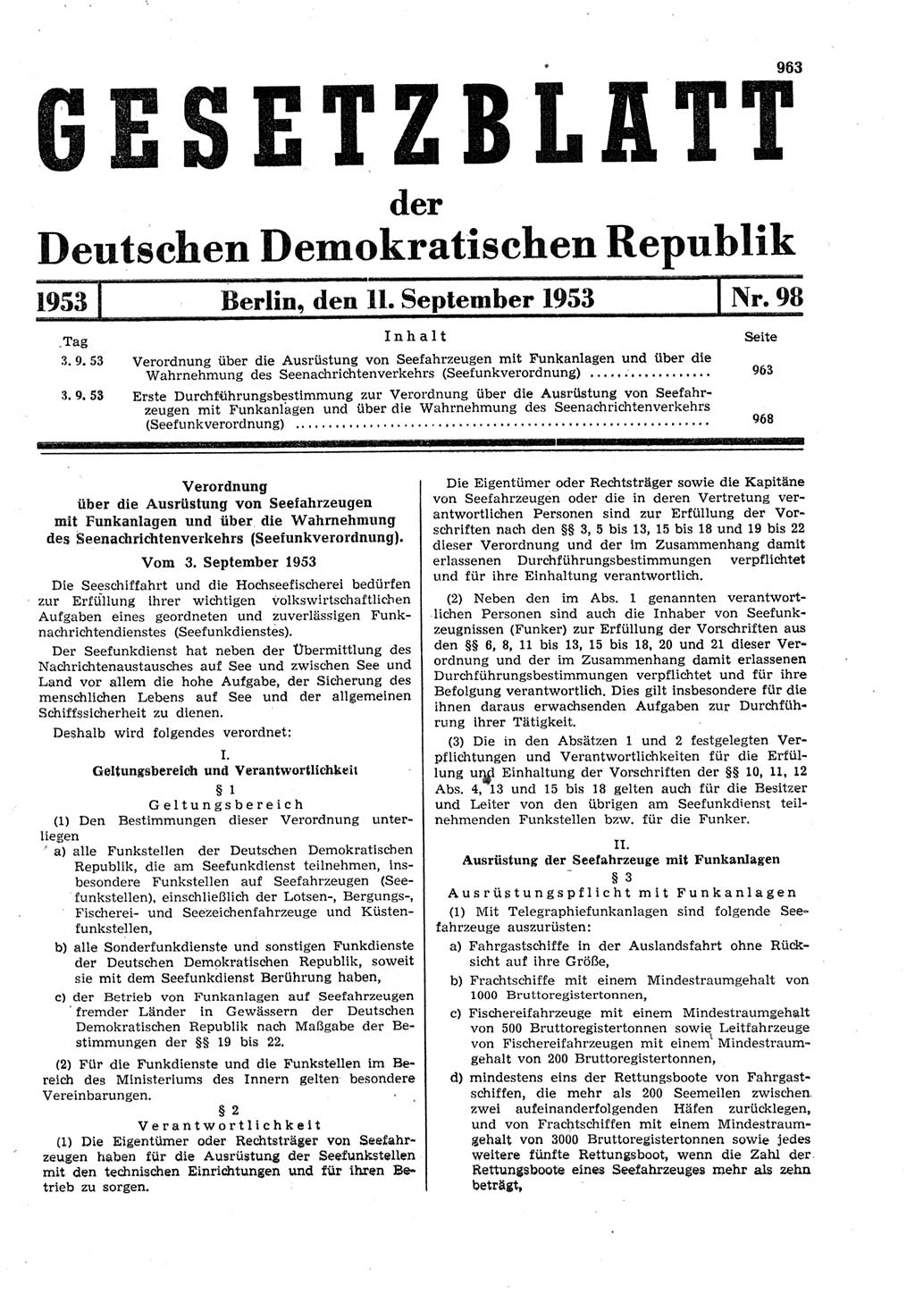 Gesetzblatt (GBl.) der Deutschen Demokratischen Republik (DDR) 1953, Seite 963 (GBl. DDR 1953, S. 963)