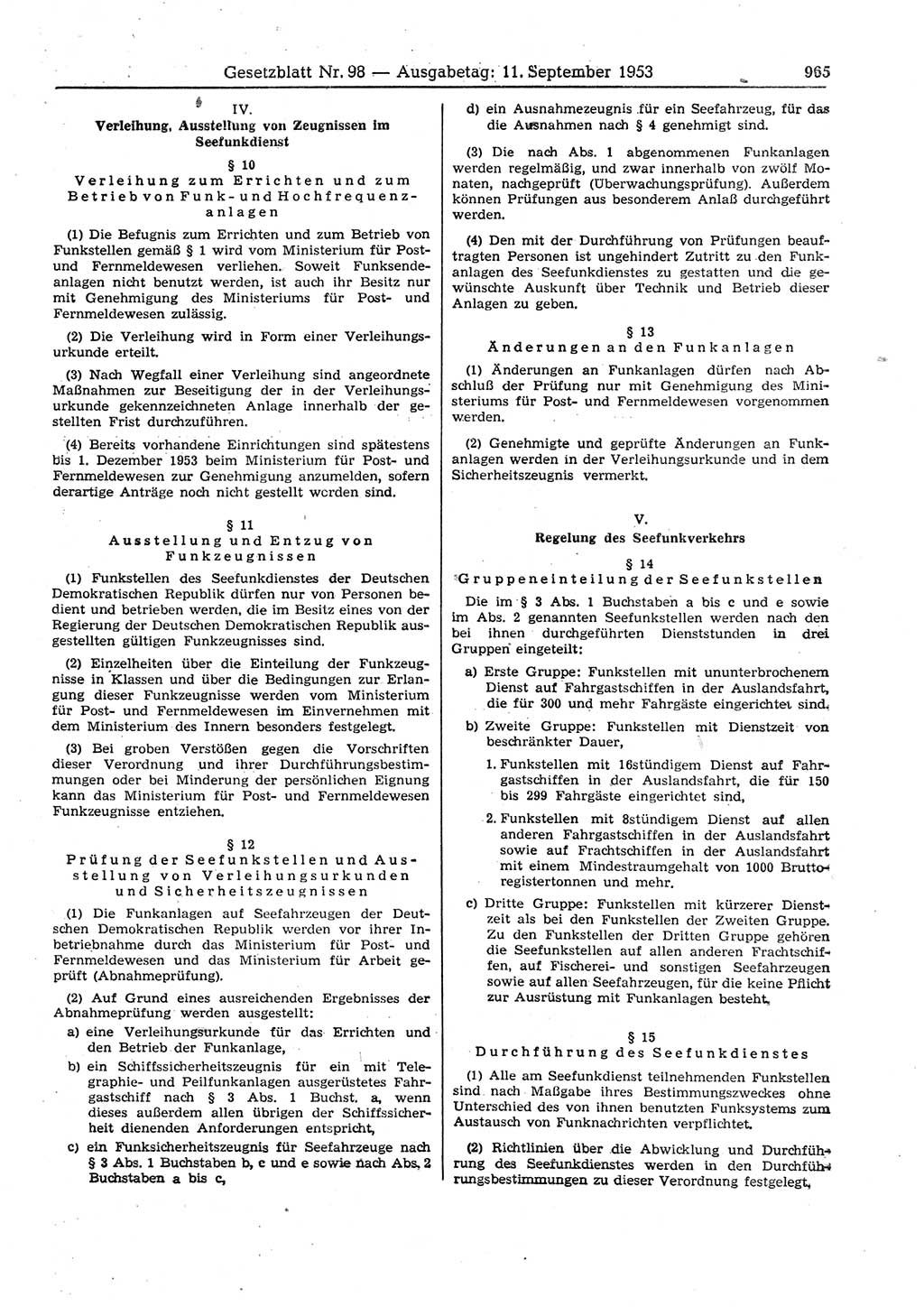 Gesetzblatt (GBl.) der Deutschen Demokratischen Republik (DDR) 1953, Seite 965 (GBl. DDR 1953, S. 965)