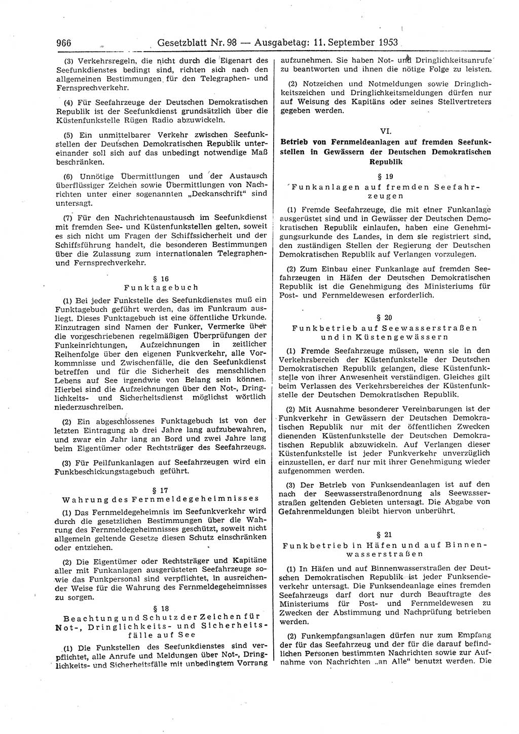 Gesetzblatt (GBl.) der Deutschen Demokratischen Republik (DDR) 1953, Seite 966 (GBl. DDR 1953, S. 966)