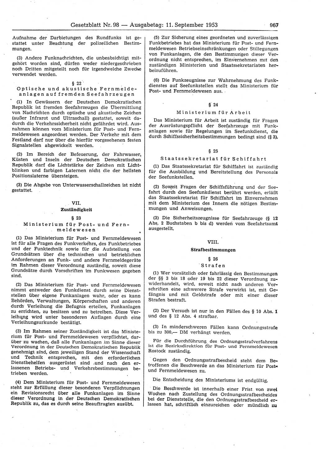 Gesetzblatt (GBl.) der Deutschen Demokratischen Republik (DDR) 1953, Seite 967 (GBl. DDR 1953, S. 967)