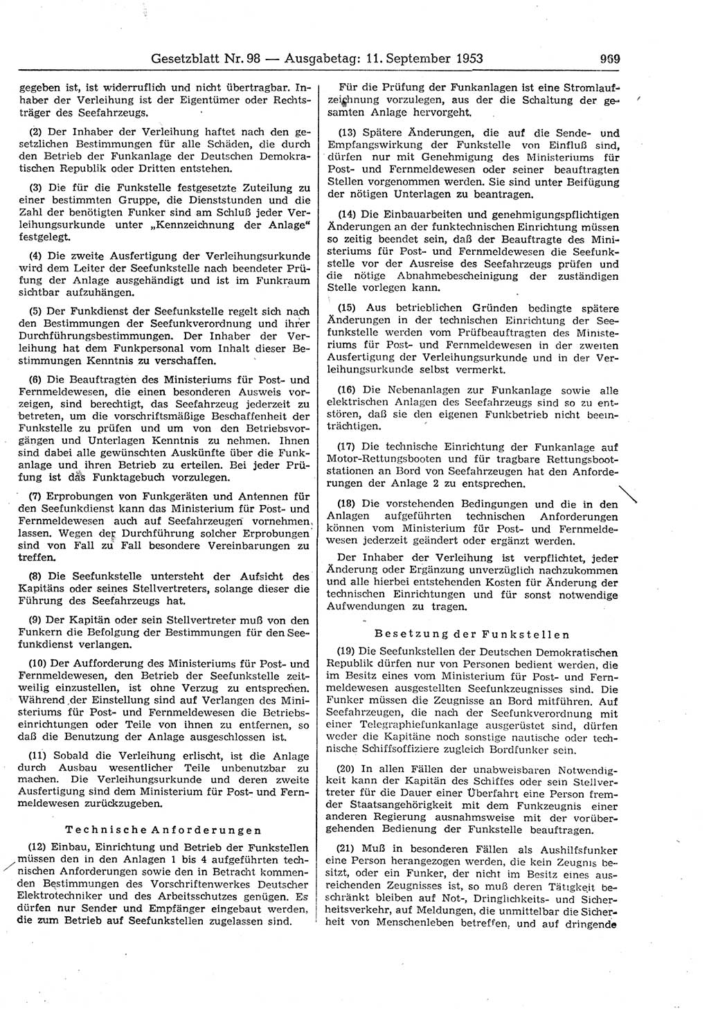 Gesetzblatt (GBl.) der Deutschen Demokratischen Republik (DDR) 1953, Seite 969 (GBl. DDR 1953, S. 969)