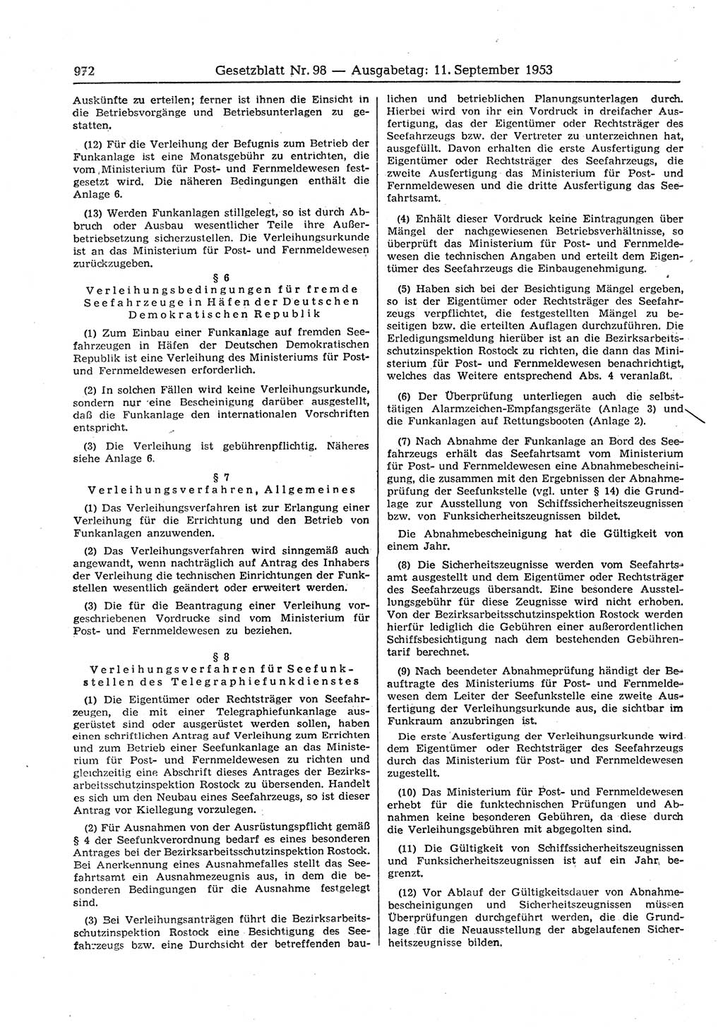 Gesetzblatt (GBl.) der Deutschen Demokratischen Republik (DDR) 1953, Seite 972 (GBl. DDR 1953, S. 972)