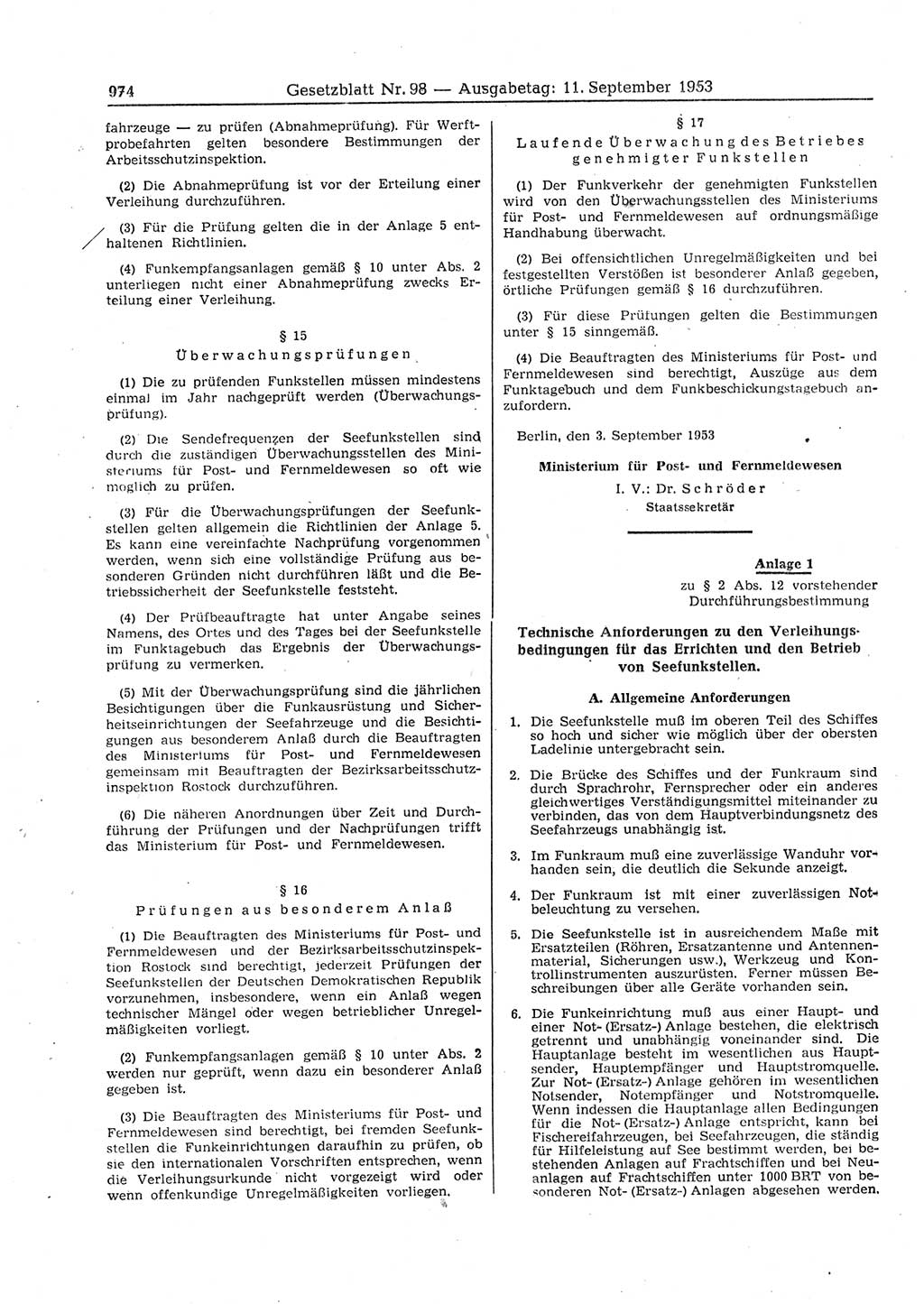 Gesetzblatt (GBl.) der Deutschen Demokratischen Republik (DDR) 1953, Seite 974 (GBl. DDR 1953, S. 974)