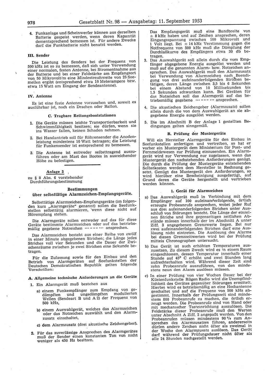 Gesetzblatt (GBl.) der Deutschen Demokratischen Republik (DDR) 1953, Seite 978 (GBl. DDR 1953, S. 978)