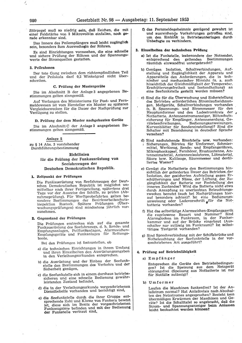 Gesetzblatt (GBl.) der Deutschen Demokratischen Republik (DDR) 1953, Seite 980 (GBl. DDR 1953, S. 980)