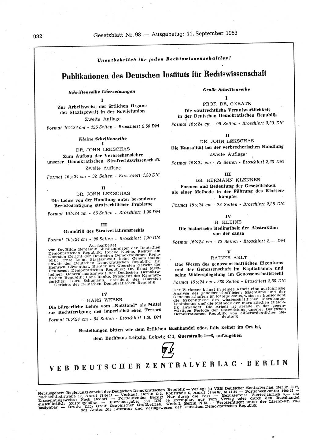 Gesetzblatt (GBl.) der Deutschen Demokratischen Republik (DDR) 1953, Seite 982 (GBl. DDR 1953, S. 982)