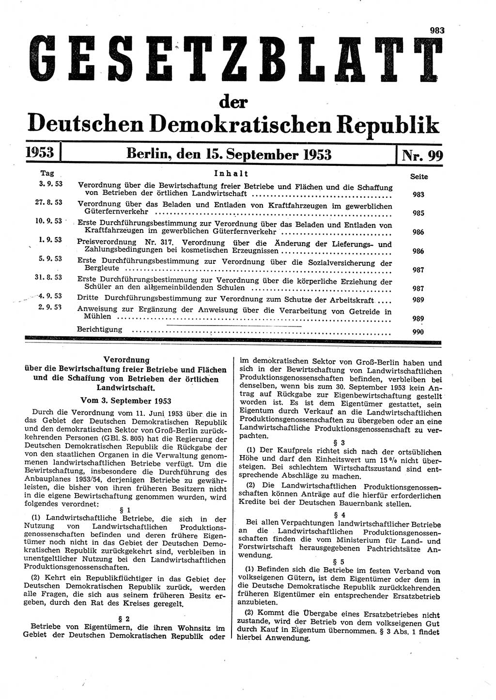 Gesetzblatt (GBl.) der Deutschen Demokratischen Republik (DDR) 1953, Seite 983 (GBl. DDR 1953, S. 983)