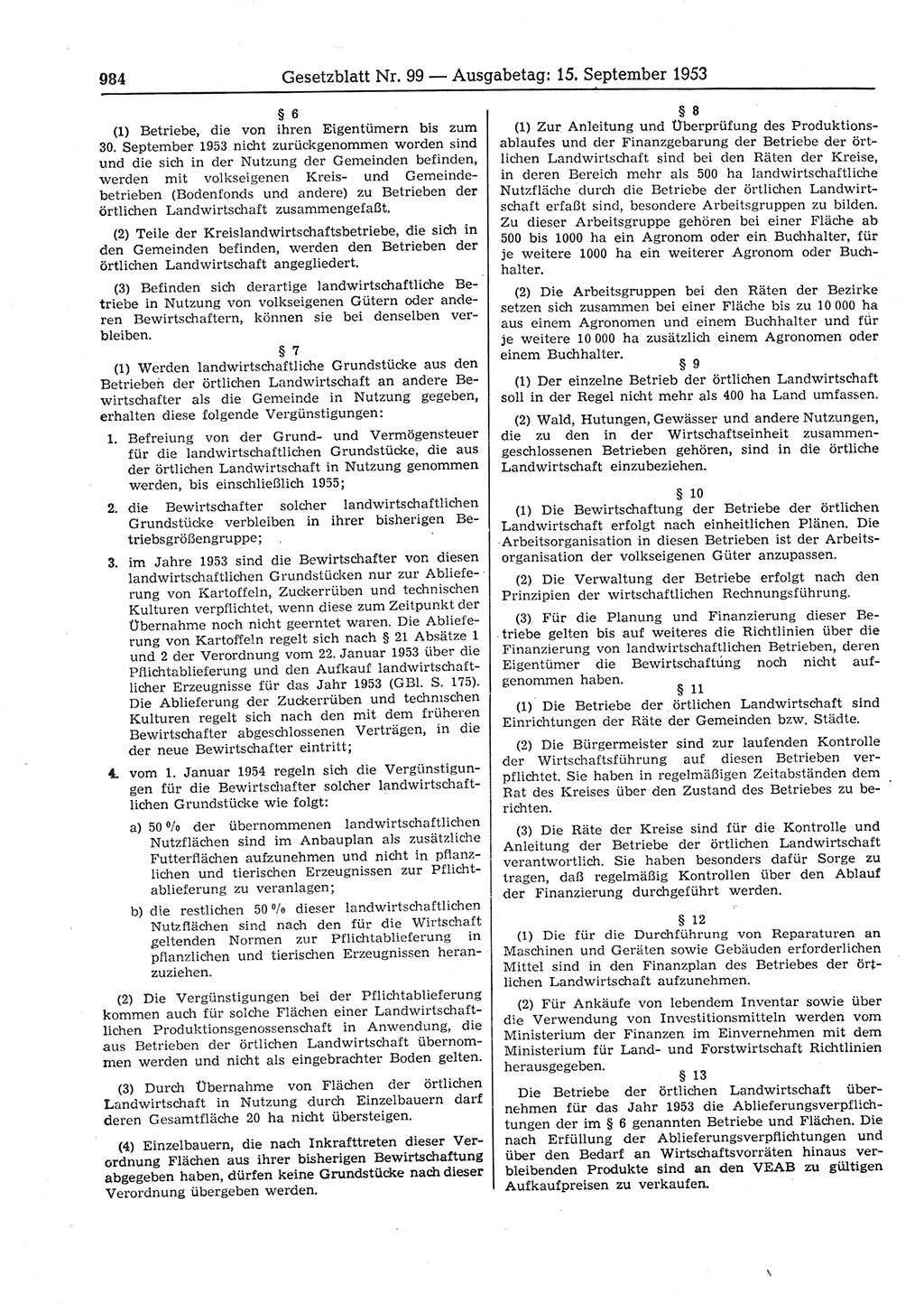 Gesetzblatt (GBl.) der Deutschen Demokratischen Republik (DDR) 1953, Seite 984 (GBl. DDR 1953, S. 984)