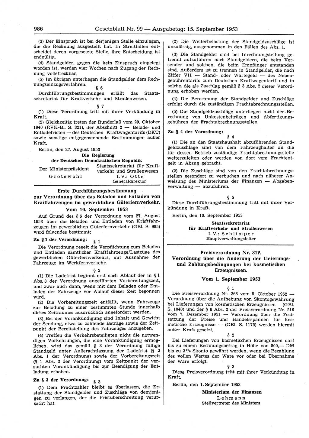 Gesetzblatt (GBl.) der Deutschen Demokratischen Republik (DDR) 1953, Seite 986 (GBl. DDR 1953, S. 986)